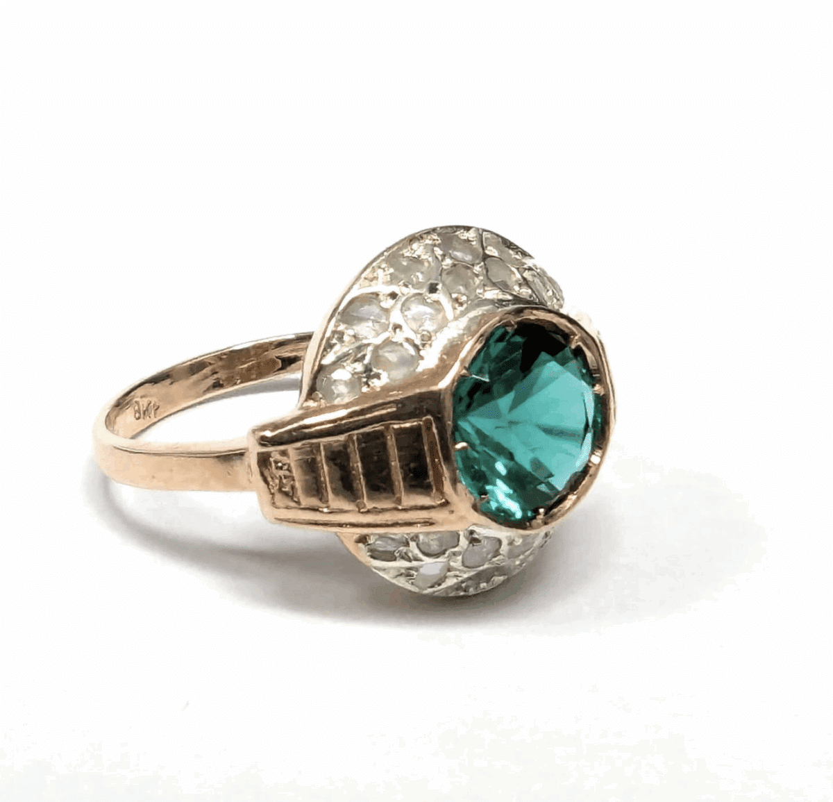 Bague en or rose et argent – Émeraude et diamants – Image 3