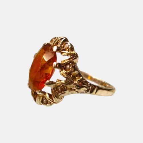 Bague victorienne en argent, spinelle couleur Madère et perles fines – vers 1890